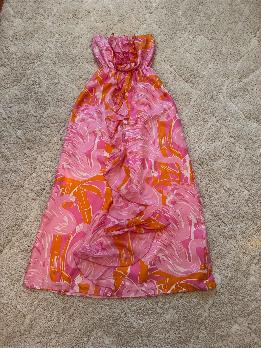 Lilly Pulitzer Flamingo Print Strapless Silk Maxi Dress